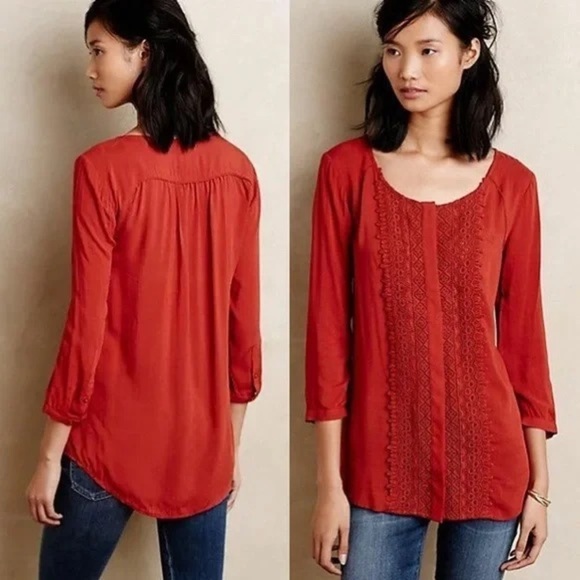 Anthropologie Maeve Rust Red Crescent Lace Street Crochet Blouse Sz 8 Bohemian - Picture 2 of 13